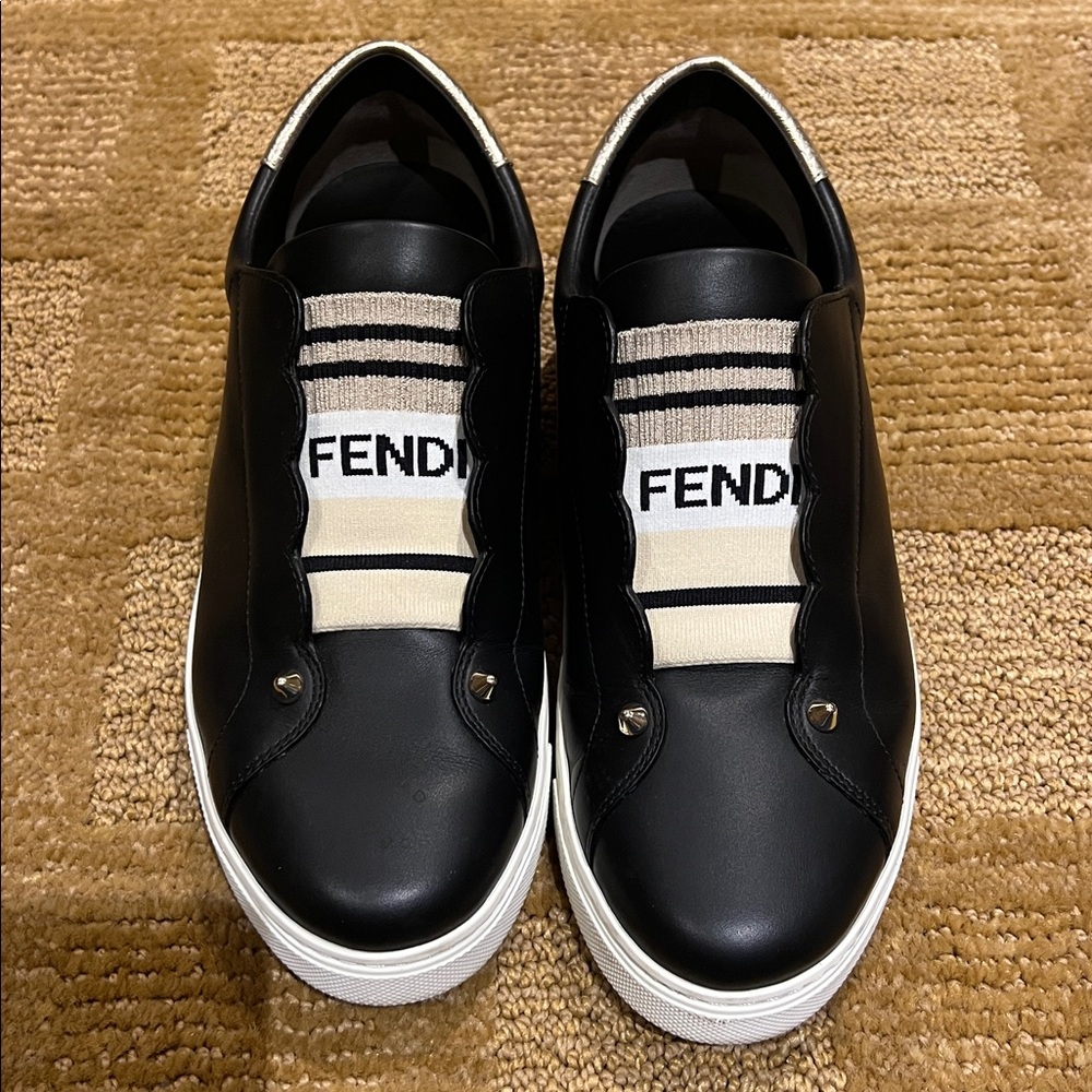 Fendi Black and Cream Slip-On Sneakers